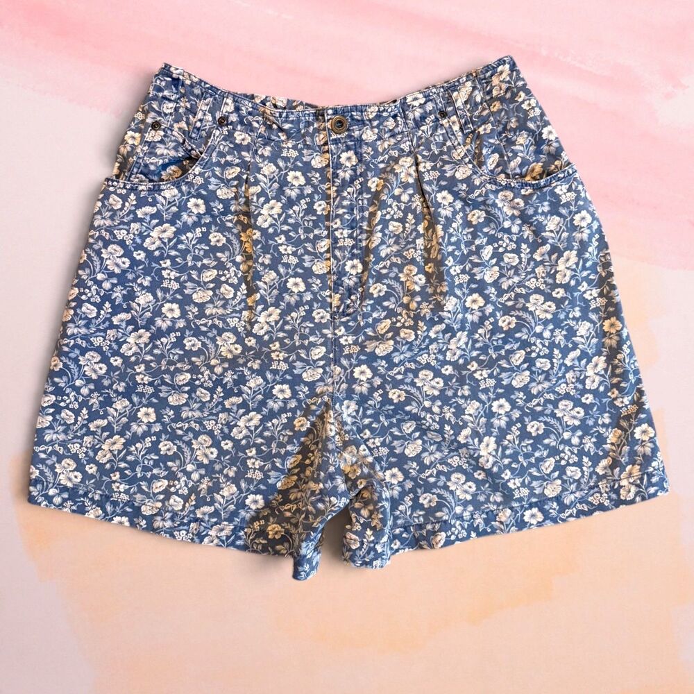 Liz Wear Vintage 90s Floral Denim Shorts High Waisted Pleated Blue Mom Size 14